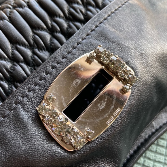 MIU MIU BLACK NAPPA LEATHER MATELASSE CRYSTAL CHAIN STRAP SHOULDER FLAP BAG - Picture 6 of 16